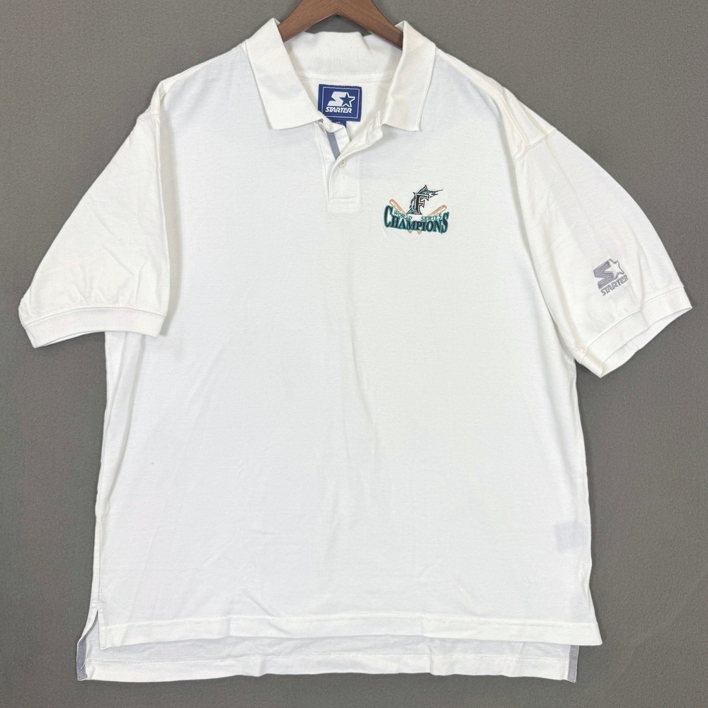 Vintage Starter Polo Shirt Men XL White Florida Marlins 1997 World Series Champs
